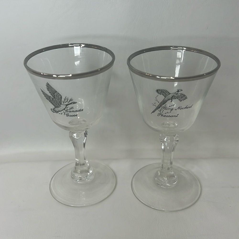 Tiffin Pheasant Grouse Crystal Stem Cocktail Goblet 3 Oz Silver Trim Rim Set 2